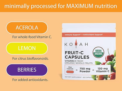 KOYAH Fruit-C - Organic Vitamin C Capsules - from Acerola Cherries, 100% Whole Fruits, 130 mg Vitamin C, Freeze-Dried, No Extracts - Whole-Food, Vegan, Non-GMO, 3rd Party Tested, 60 Capsules