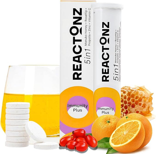 5 in 1 Immune Booster Supplement with Vitamin C, Zinc, Manuka Honey, Rosehip & Propolis – Natural Orange Flavour Fizzy Drink for Daily Immune Support (20 Effervescent Tablets)