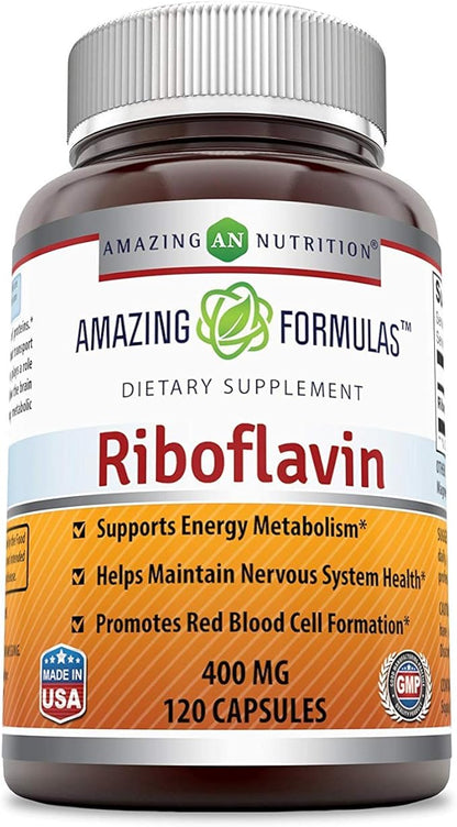 Amazing Formulas Riboflavin 400 mg Capsules | Vitamin B2 Supplement | Non-GMO | Gluten Free | Made in USA (120 Count | 3 Pack)