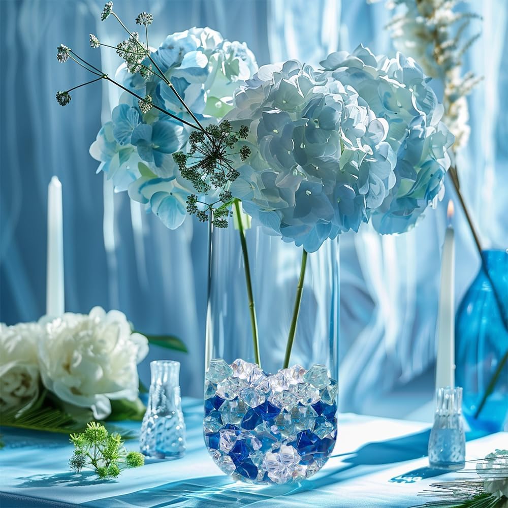 HappyFiller 14 OZ Faux Crystal Acrylic Gems Ice Rock Stones Blue,Clear Mix for Glass Vase Fillers,Art Crafts, Aquarium Fish Tank,Floral Display,Table Scatter,Boy Bluey Birthday Party Decor,Home Accent