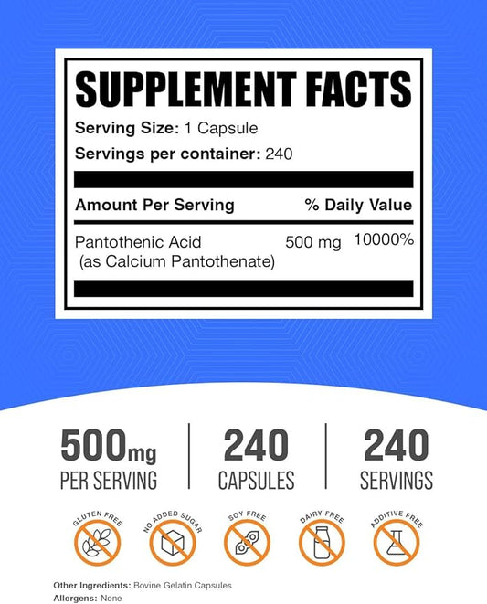 ﻿BulkSupplements.com Vitamin B5 Capsules - as Pantothenic Acid, B Vitamin Supplement, Pantothenic Acid 500 mg - Gluten Free, 1 Capsule per Serving, 240 Capsules (Pack of 1)