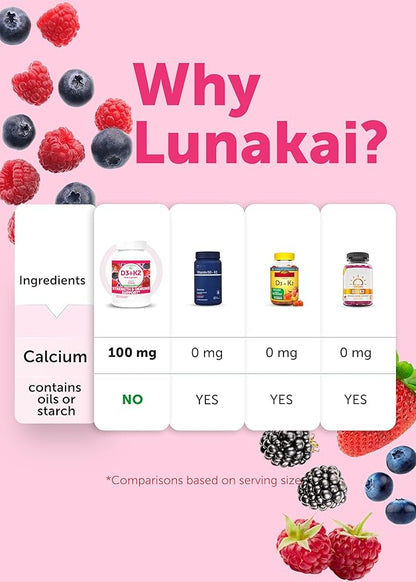 Lunakai USA Made Vitamin D3 K2 Gummies with Calcium for Women, Men & Kids - 3-in-1 Supplement for Wellness and Immune Support, Vegan 60ct