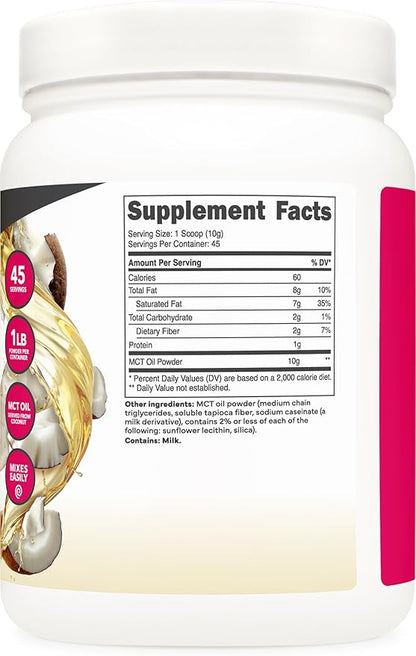 Ketologic MCT Oil Powder Unflavored (1 LB) – Keto Coffee Creamer & Energy Support – 41 Servings of Medium Chain Triglycerides for Focus & Fuel