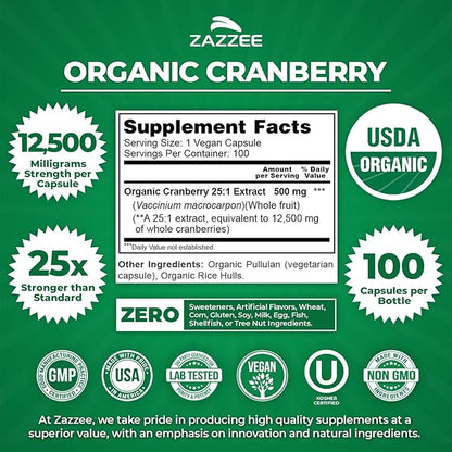 Zazzee USDA Organic Cranberry 25:1 Extract, 12,500 mg Strength, 100 Vegan Capsules, Over 3 Month Supply, Standardized, Concentrated 25X Extract, 100% Vegetarian, Certified Organic, Non-GMO All-Natural