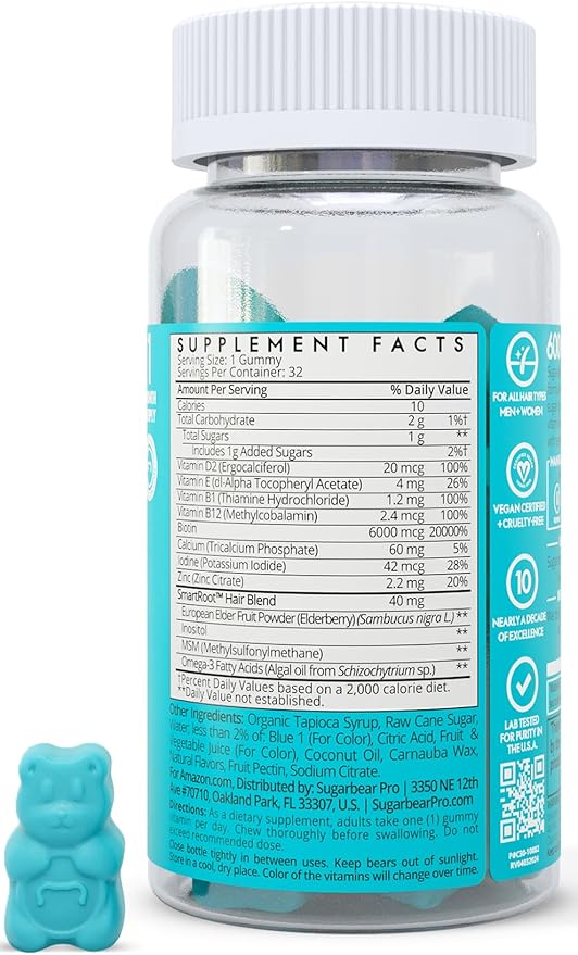 SugarBearPro Hair Vitamin Gummy 1 Month Supply Extra Strength Biotin 6000mcg, Growth for Men & Women, Vegan Vitamin B12, MSM, Inositol, Omega 3, Elderberry, Certified Kosher, Halal, Cruelty-Free