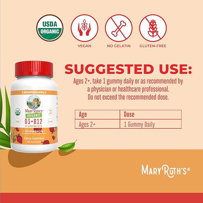 MaryRuth Organics's Vitamin D3 B12 Gummies | USDA Organic | 2 Month Supply | Vitamin D & B12 Vitamin Supplements for Adults & Kids | Bone Health | Healthy Energy Levels | Non-GMO | 60 Servings