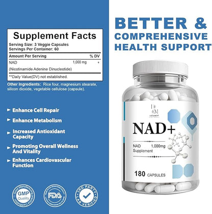 INSTAMART NAD+ Supplement 1000mg | Nicotinamide Riboside & Resveratrol | Nicotinamide NAD Supplement – 180 Veggie Capsules, Non GMO