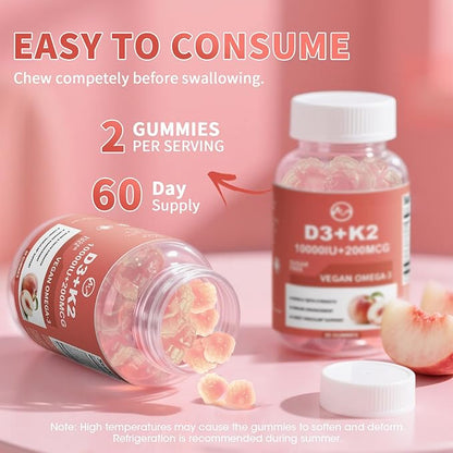 Vitamin D3 K2 Gummies, Vitamin D3 10000IU, K2 (MK-7) 200mcg, 6-in-1 Vitamina D3 Con K2 Supplement with Omega-3, Magnesium, Calcium and Zinc for Bones, Teeth & Immune Support, Sugar Free, 2 Packs