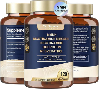 NMNH (Dihydronicotinamide Mononucleotide), NMN Alternative Supplement w/Niacinamide (Vitamin B3), Quercetin, Trans-Resveratrol, Support NAD+, Skin Cell Health*, Anti-Aging & Energy, 120 Caps