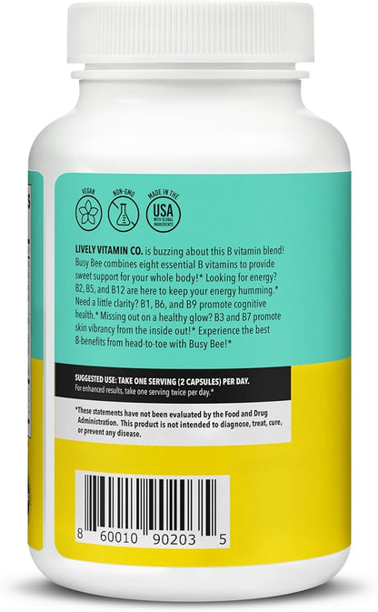 LIVELY VITAMIN CO. Busy Bee - Highly Bioavailable Vitamin B Complex with Choline - Energy - Stress - Brain Fog - Mental Clarity - Oxidative Damage - Dairy Soy Gluten Free - 180 Vegan Capsules