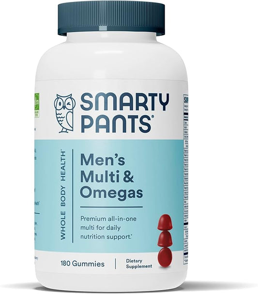 SmartyPants Multivitamin for Men, Gummies: Omega 3 Fish Oil (EPA/DHA), Methylfolate, CoQ10, Vitamin D3, C, Vitamin B12, B6, A, K & Zinc for Immune Support, Biotin, 180 Gummies (30 Day Supply)