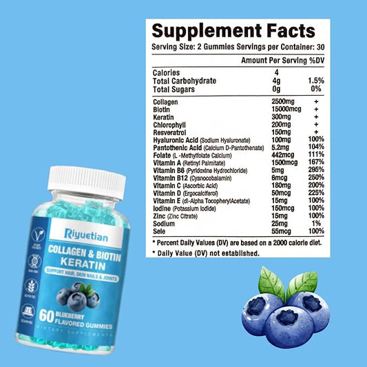 Biotin Gummies 15000mcg with Collagen for Adults Women & Men - Hair, Skin & Nails Gummies with Biotin - Collagen for Woman - Vegan, Non-GMO, Hair Vitamins - 60 Count, 1 Pack