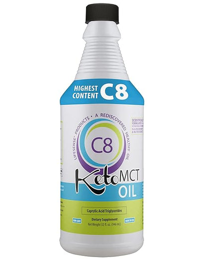 LifeSense C8 MCT Oil, Keto-Friendly, Sourced from Coconut Oil, Clinically Proven to Increase Ketone Production, Optimal Fuel for The Brain and Body, Made in USA by PhD Nutrition, 32 oz