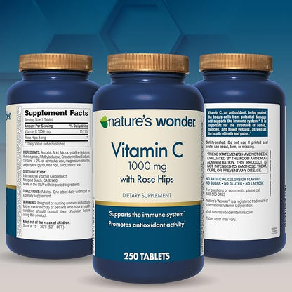 Nature's Wonder Vitamin C 1000 mg with Rose Hips Tablets for Immune Health, 250 Servings, 250 count