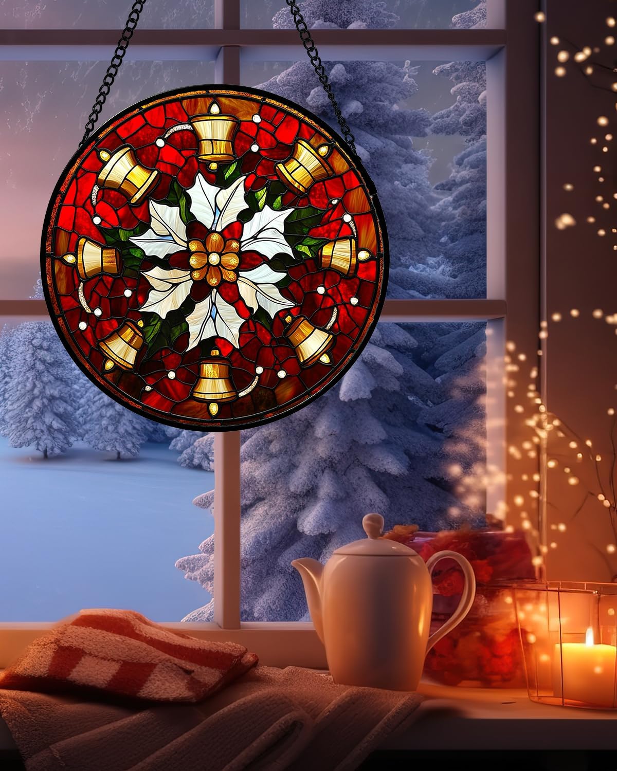 Stained Glass Window Hanging - Golden Bells Flowers Suncatcher for Doors Home Christmas Decoration Winter Sun Catcher Thanksgiving New Year Birthday Gift for Friend Women Men Mom Nana 11.8 in