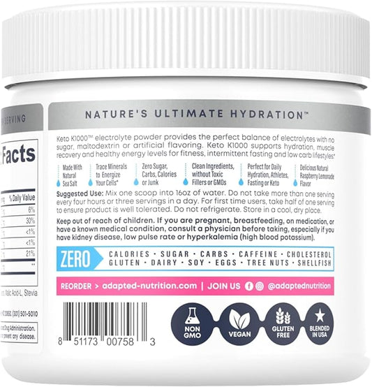 Hi-Lyte Keto K1000 Electrolyte Powder | Raspberry Lemon (100 Servings) | Hydration Supplement Drink Mix | Boost Energy & Beat Leg Cramps | No Sugar, Stevia, Maltodextrin