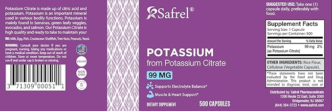 Safrel Potassium Citrate 99mg Capsules, 500 Servings