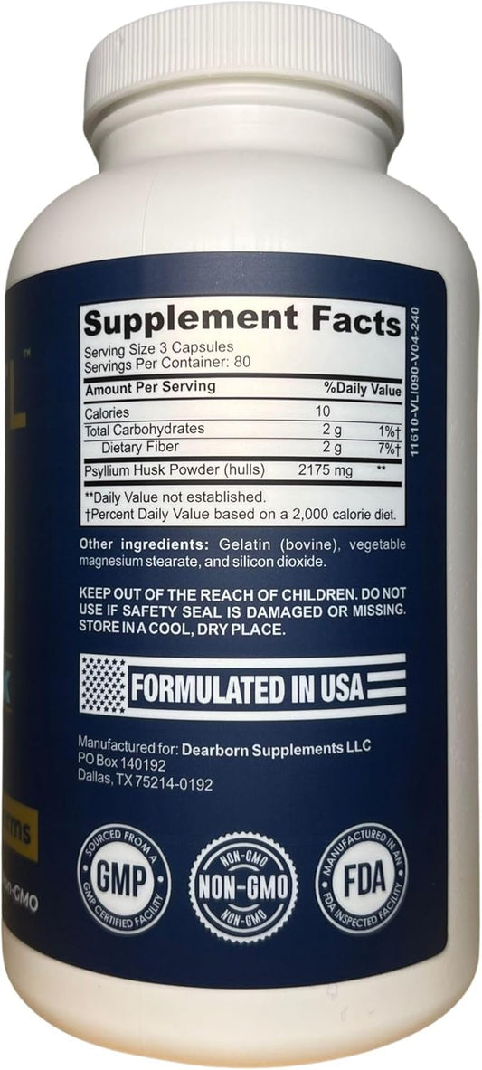 Psyllium Husk Fiber Capsules – 240ct | Fiber Supplement for Gut Health Support & Digestive Regularity | Packaged & Tested in USA, Non-GMO | 2.2g Fiber per Serving