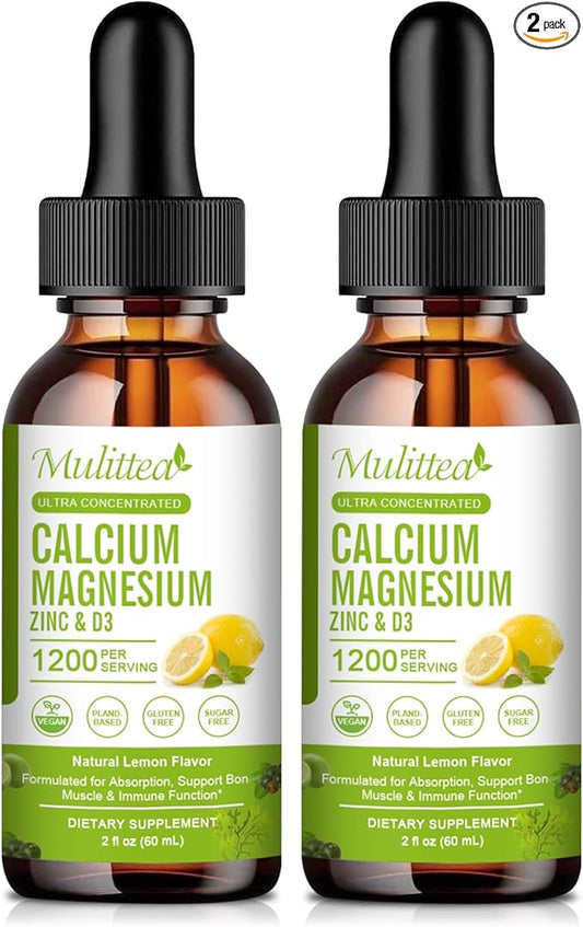Calcium Magnesium Zinc Liquid with Vitamin D3, Magnesium Glycinate Plus Vitamin C K2| High Absorption Plant Calcium Supplement for Heart & Bone| Gluten Free，Sugar-Free | 60 Servings | Lemon Flavor