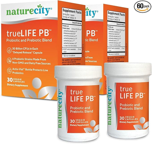 NatureCity True-Life-PB Shelf Stable Blend Prebiotics and Probiotics for Women and Men - Digestive Gut Health Supplements for Women and Men - Dairy Free - (60 Veggie Capsules)