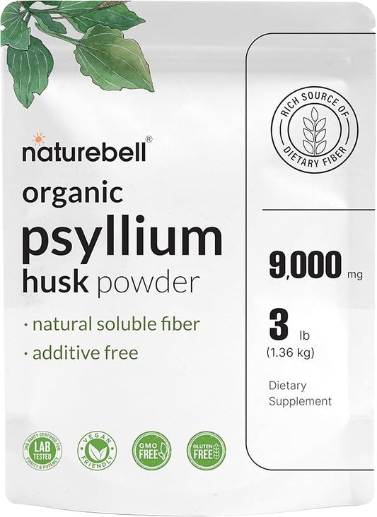 NatureBell Psyllium Husk Fiber Supplement, 9,000mg Per Serving, 3lb (48oz) Powder | Organic Soluble Fiber for Digestive & Gut Health | Plant-Based, Unflavored, Non-GMO, Gluten-Free