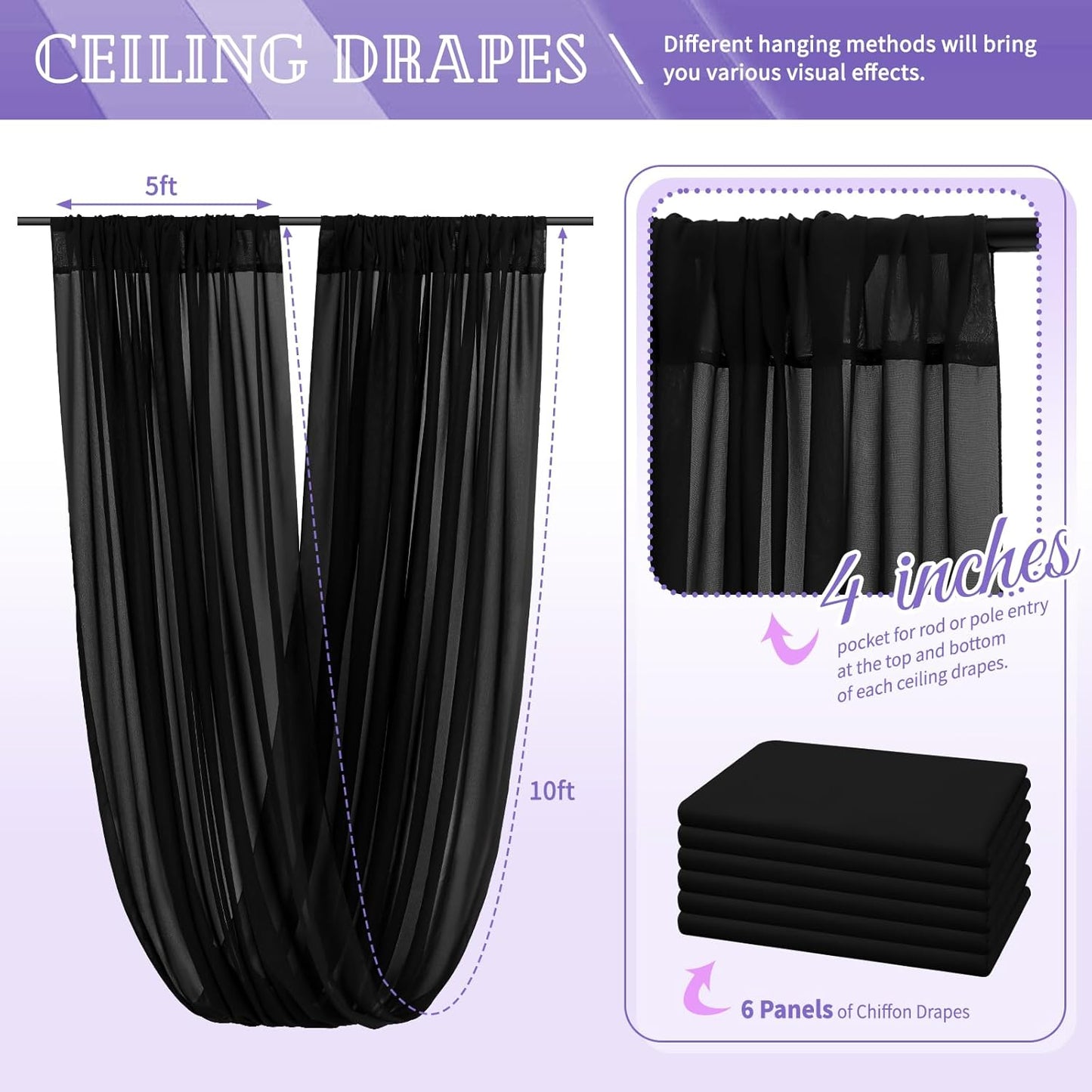 6 Panels Black Ceiling Drapes for Wedding 5ftx10ft Chiffon Fabric Arch Draping Curtains Sheer Drapery for Party Ceremony Birthday Baby Shower Reception Stage Swag Ceiling Decorations