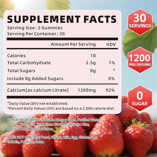 Calcium Citrate Gummies 1200mg, Chewable Calcium Supplement for Women & Men, Sugar Free Calcium for Bone, Muscle & Immune Support, Gluten Free, Vegan, Non-GMO, Strawberry Flavor, 60 Count