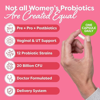 Probulin Total Care Women's Urinary Tract = Prebiotics + Probiotics + Postbiotics to Support a Healthy Vaginal Microbiome - 20 Billion CFU - 12 Strains - 30 Vegan Capsules