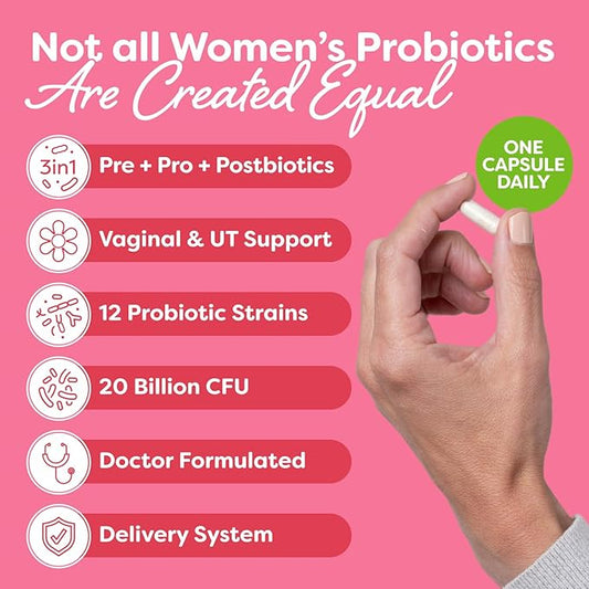 Probulin Total Care Women's Urinary Tract = Prebiotics + Probiotics + Postbiotics to Support a Healthy Vaginal Microbiome - 20 Billion CFU - 12 Strains - 30 Vegan Capsules