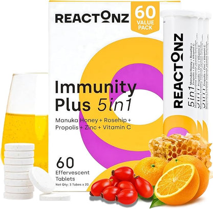 5 in 1 Immune Booster – Vitamin C, Zinc, Manuka Honey, Rosehip & Propolis – Natural Orange Fizzy Drink Supplement for Daily Immune Support (60 Effervescent Tablets)