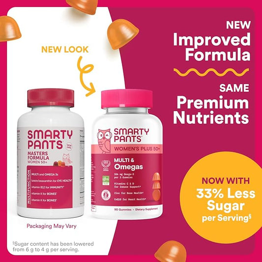 SmartyPants Multivitamin Gummy for Women 50 and Over - Improved Formula: Omega 3 (DHA/EPA), Methylfolate, CoQ10, Vitamin D3, C, Vitamin B12, B6, A, K, Biotin, Gluten Free, 90 Count (30 Day Supply)