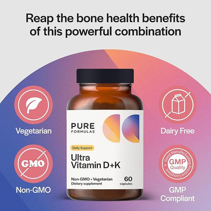 Vitamin D3 K2 Vitamin 5000 IU - VIT D3 K2 Supplement for Calcium Absorption, Bone Strength, Cardiovascular & Immune Function Support, Soy-Free, Non-GMO 60 Vegetarian Capsules