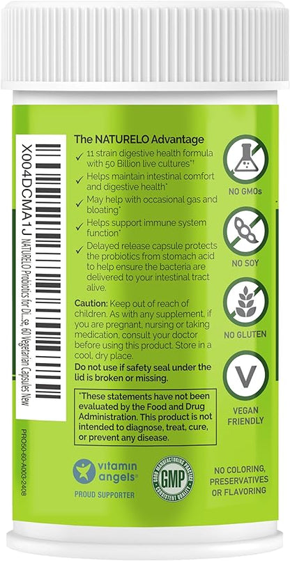 NATURELO Probiotics for Digestive Health - 50 Billion CFU, 11 Strains, Daily Use Supplement - Boosts Immune System, Delayed Release, No-Fridge, 60 Vegetarian Capsules (Pack of 2)