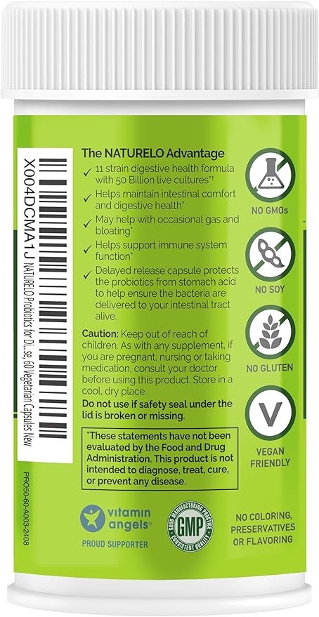 NATURELO Probiotics for Digestive Health - 50 Billion CFU, 11 Strains, Daily Use Supplement - Boosts Immune System, Delayed Release, No-Fridge, 60 Vegetarian Capsules (Pack of 2)
