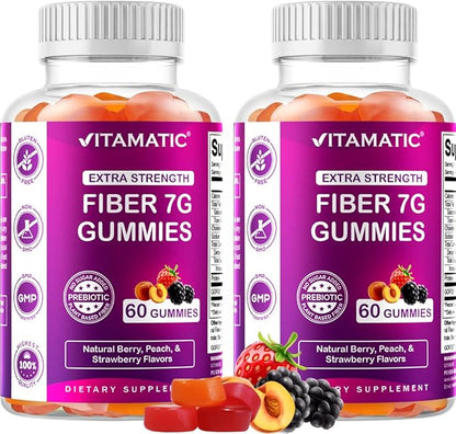 Vitamatic Prebiotic Fiber Gummies for Adults – 2 Pack (Total 120 Gummies) 7g Fiber per Serving | Extra Strength | Zero Sugar Added | Pectin-Based | Digestive Health & Regularity Support