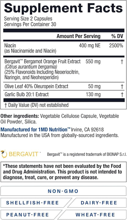 1MD Nutrition CholestMD with Olive Leaf Extract, Bergavit, Niacin, Garlic | 60 Capsules