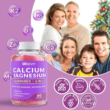 Sugar Free Calcium Gummies w/Vitamin D3 K2, Calcium Magnesium Zinc Gummies for Bone, Muscle & Immune, Algae CA Magnesium 2:1 Ratio Calcium Supplement for Women & Men - Vegan