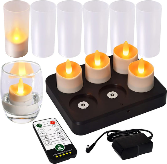 HL Flameless Candles with Remote Timer, 100+Hours Rechargeable Waterproof Battery Operated Tea Lights with Charging Base, Yellow LED Votive Floating Candles for Festival Wedding Home Party Decor-6pcs
