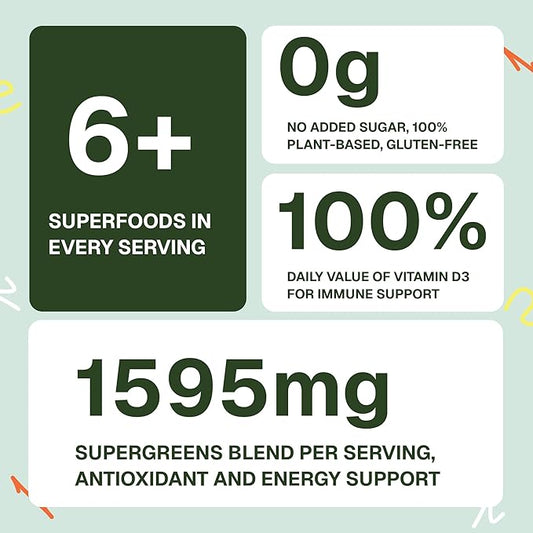 Greens Superfood Gummies, Boost Energy, Gut & Immune Support, Sugar-Free, Vegan with Broccoli, Spinach, Kale, Spirulina, Chlorella, Probiotics & Multivitamin, Apple Flavor, 60 Count