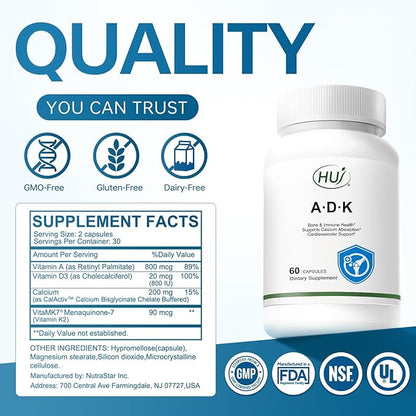 HUJ ADK Supplement, 60 Capsules, Calcium, Vitamins A, D3, K2 (MK-7)
