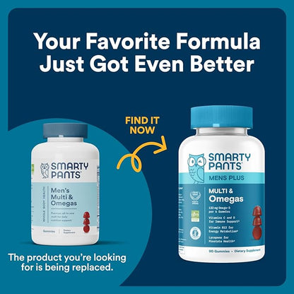 SmartyPants Multivitamin for Men, Gummies: Omega 3 Fish Oil (EPA/DHA), Methylfolate, CoQ10, Vitamin D3, C, Vitamin B12, B6, A, K & Zinc for Immune Support, Biotin, 180 Gummies (30 Day Supply)