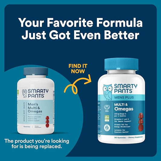 SmartyPants Multivitamin for Men, Gummies: Omega 3 Fish Oil (EPA/DHA), Methylfolate, CoQ10, Vitamin D3, C, Vitamin B12, B6, A, K & Zinc for Immune Support, Biotin, 180 Gummies (30 Day Supply)