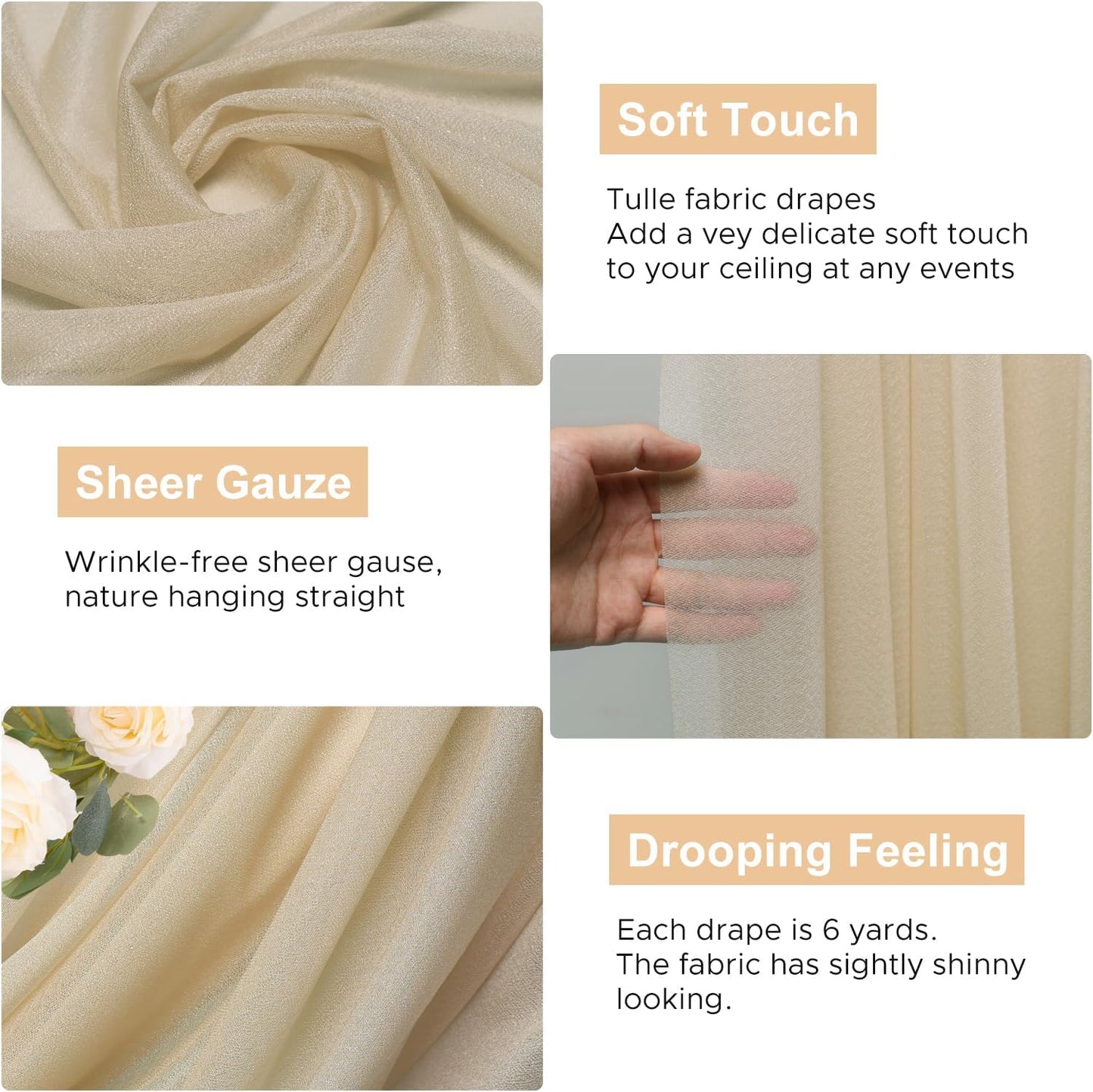 Wokceer Champagne Wedding Arch Draping Fabric Backdrop 4 Panels 28.7" X 20FT Sheer Drapes Fabric for Wedding Arbor Ceremony Party