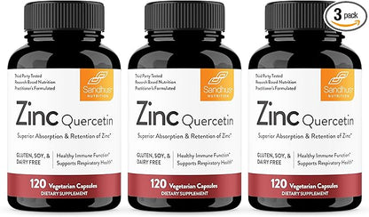 Sandhu's Zinc Quercetin 120 Vegetarian Capsules (Pack of 3) | Zinc Supplements for Antioxidant Immune Support for Men and Women | Gluten, Soy, Dairy Free