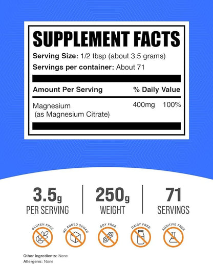 BulkSupplements.com Magnesium Citrate Powder - Magnesium 400mg Supplement, Easily Absorbable - Pure & Gluten Free, 3.5g per Serving, 250g (8.8 oz) (Pack of 1)