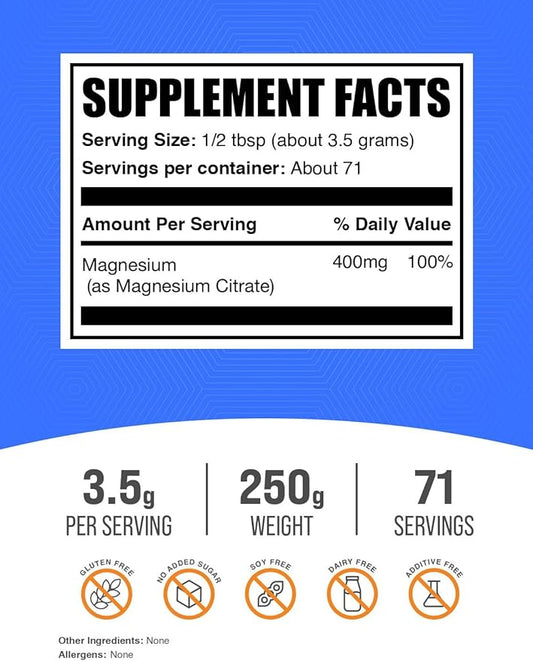 BulkSupplements.com Magnesium Citrate Powder - Magnesium 400mg Supplement, Easily Absorbable - Pure & Gluten Free, 3.5g per Serving, 250g (8.8 oz) (Pack of 1)