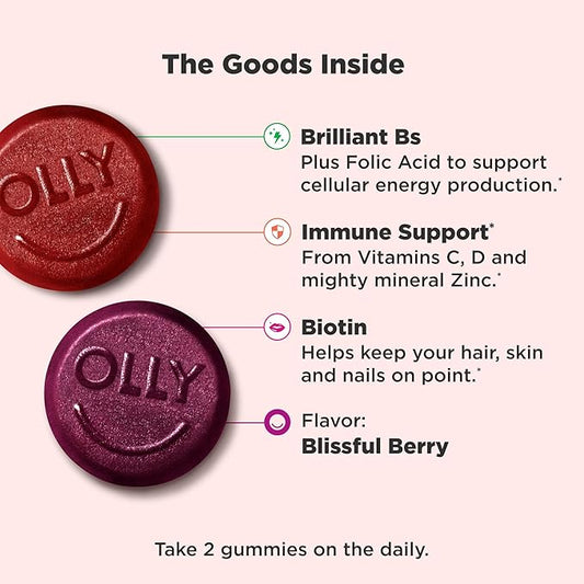 OLLY Women's Daily Multivitamin Gummy, Vitamins A, D, C, E, Biotin, Folic Acid, Adult Chewable Vitamin, Berry Flavor, 65 Day Supply - 130 Count