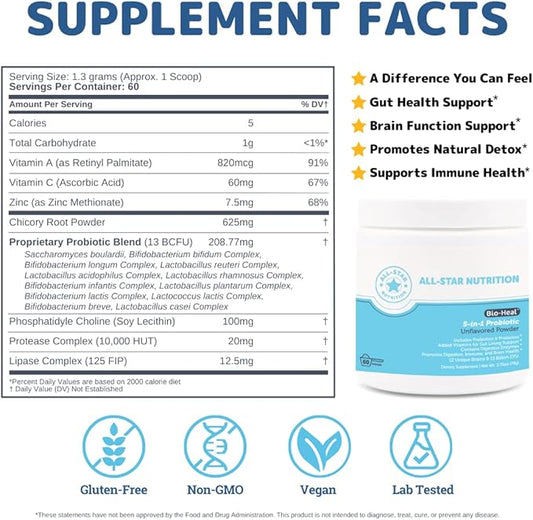 5-in-1 Bio-Heal® Probiotic for Kid, Men & Women (Powder) - Best Supplement for Brain Function, Gut Health & Constipation - Shelf Stable & Fortified with Vitamins, Minerals & Prebiotics