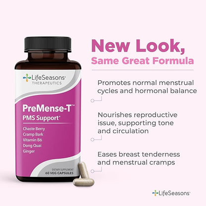 LifeSeasons - PreMense-T - PMS Relief Supplement - Support for Pre-Menstrual Symptoms, Cramping & Breast Tenderness - Nourish Tissue - Ginger Crampbark Dong Quai Chasteberry & Vitamin B6-60 Capsules