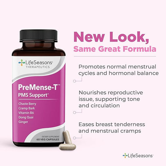 LifeSeasons - PreMense-T - PMS Relief Supplement - Support for Pre-Menstrual Symptoms, Cramping & Breast Tenderness - Nourish Tissue - Ginger Crampbark Dong Quai Chasteberry & Vitamin B6-60 Capsules